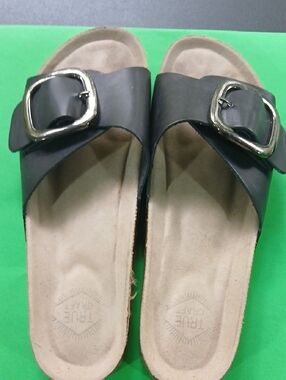 True Craft Black Slide Sandals with Silver Buckle
